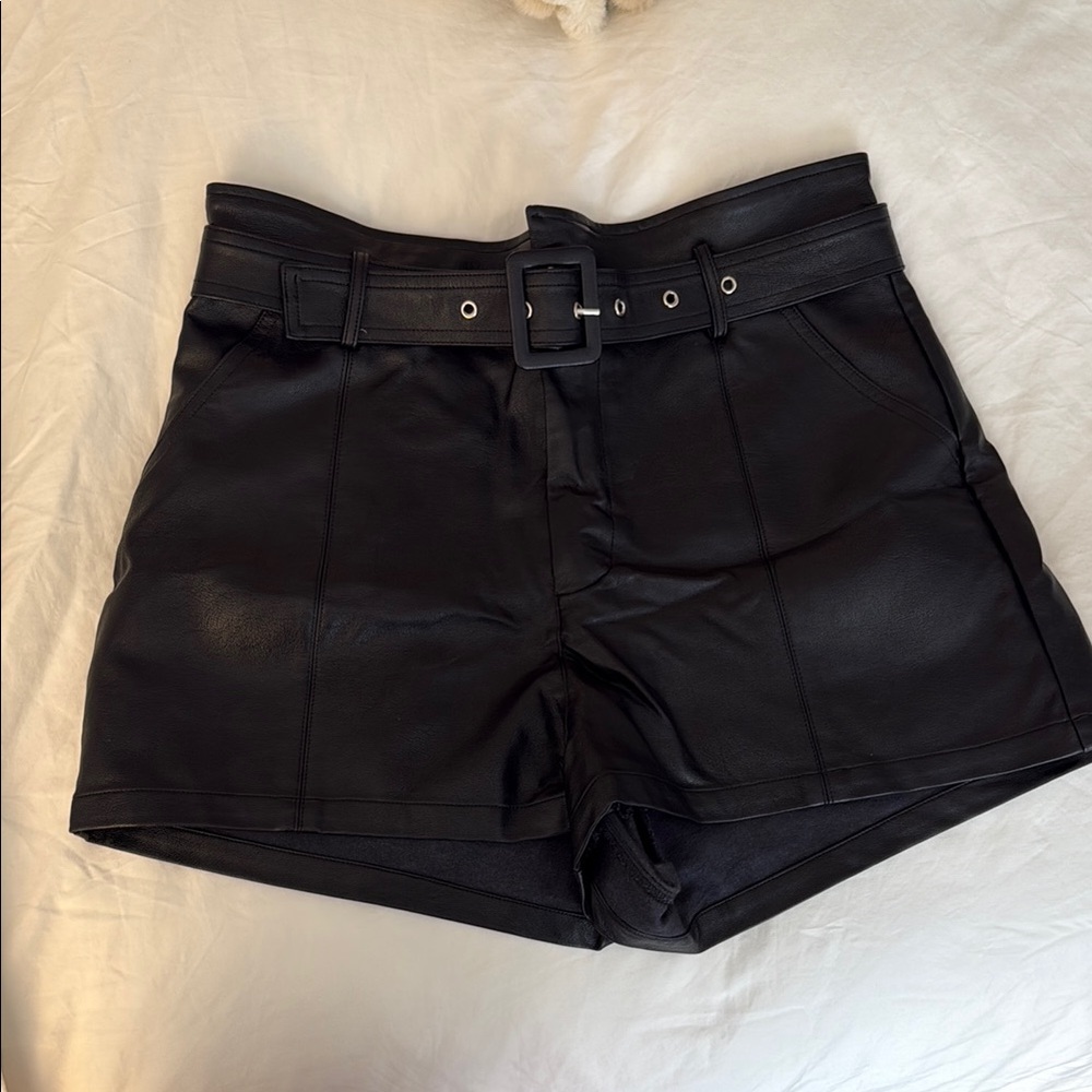 High-Rise Black Faux Leather Shorts with Belt